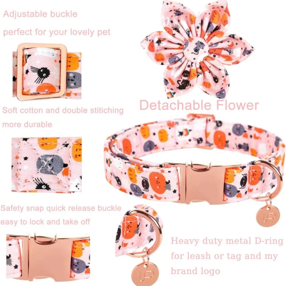 New Halloween Dog Collar with Flower, Pumpkin Cotton Flower Collar  M Girl Dog, - Picture 3 of 10